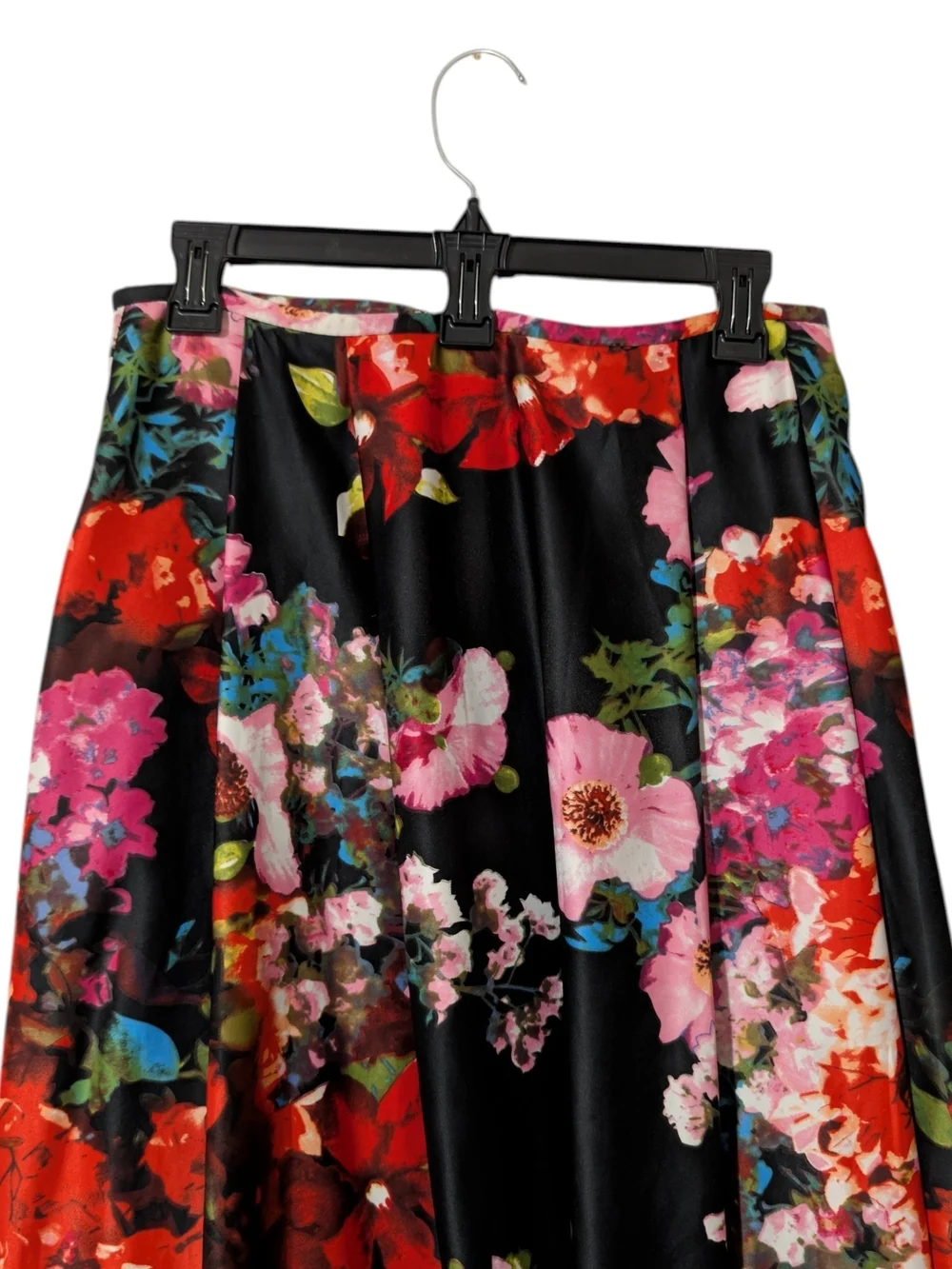 Blondie Nites Black Floral Maxi Skirt with Red & Pink Blooms W/ Pockets